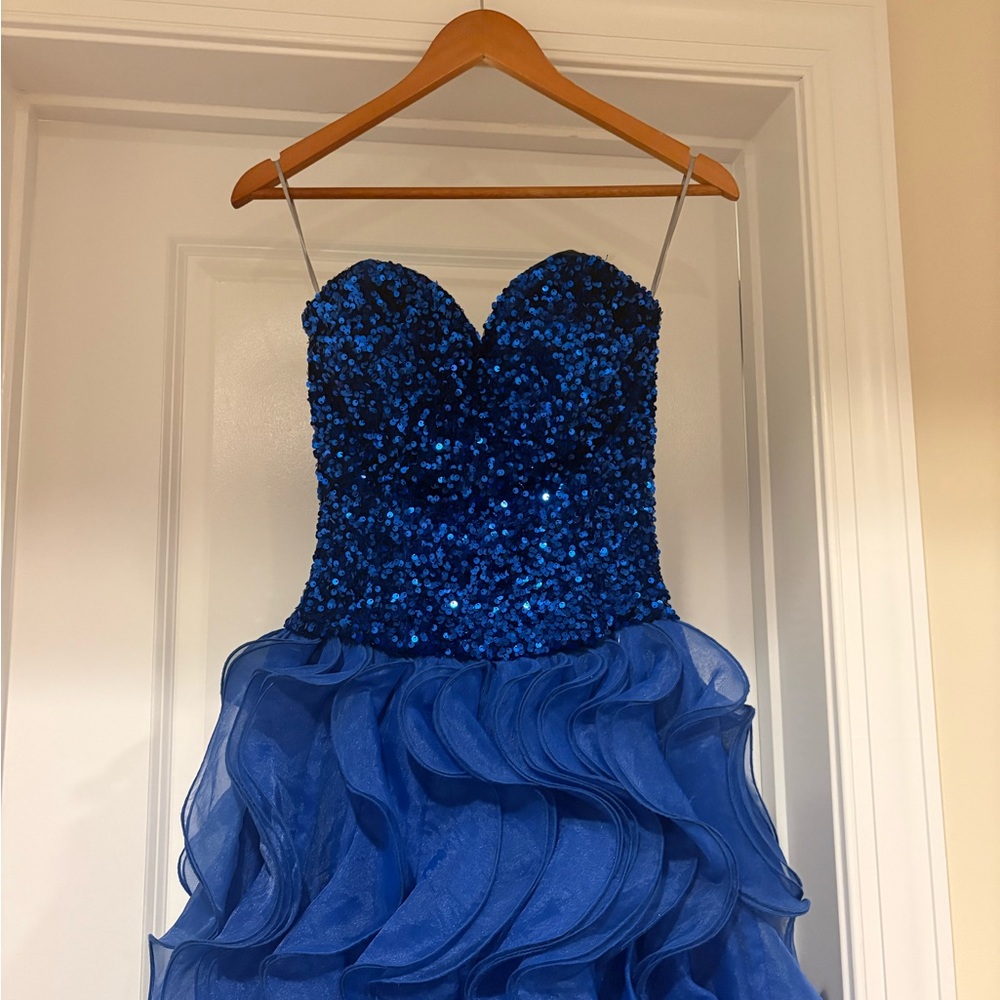 Marc Defang Royal Blue Sequin Bustier Ruffled Prom Dress